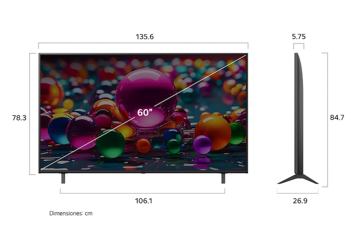 Front view and side view of LG UHD AI  UA75 4K Smart TV showing its length, width, height, and depth dimensions.